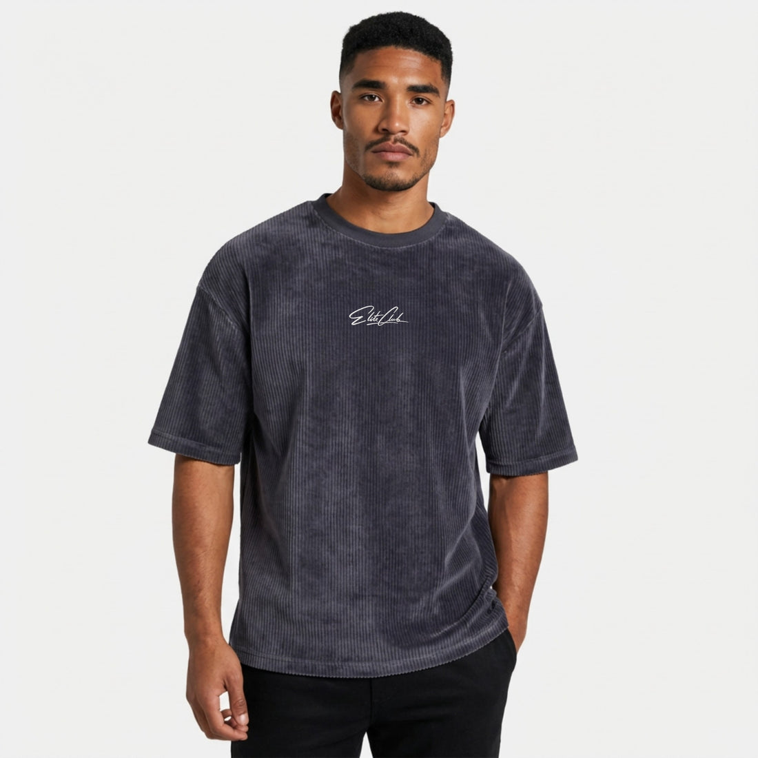 Anthrazit Cord Oversize T-Shirt Herren mit Elite Club Logo und Rundhalsausschnitt