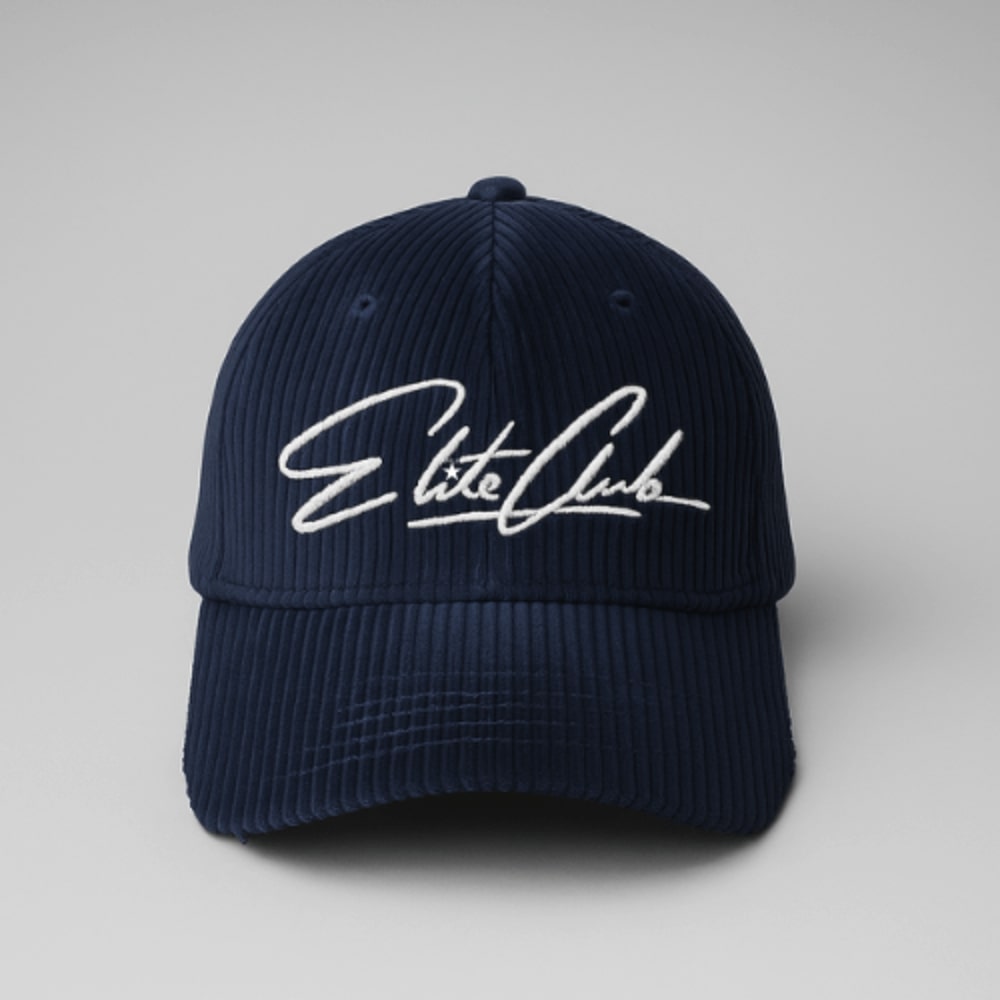 Dunkelblaue Cord-Cap mit weiß gesticktem Elite Club Logo auf der Vorderseite, 6-Panel-Design und gebogenem Schirm