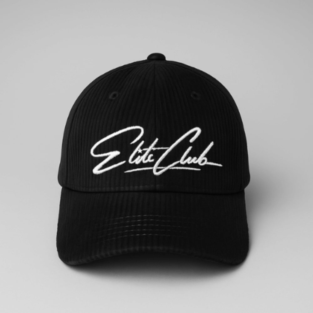 schwarze Cord-Cap mit weiß gesticktem Elite Club Logo auf der Vorderseite, 6-Panel-Design und gebogenem Schirm