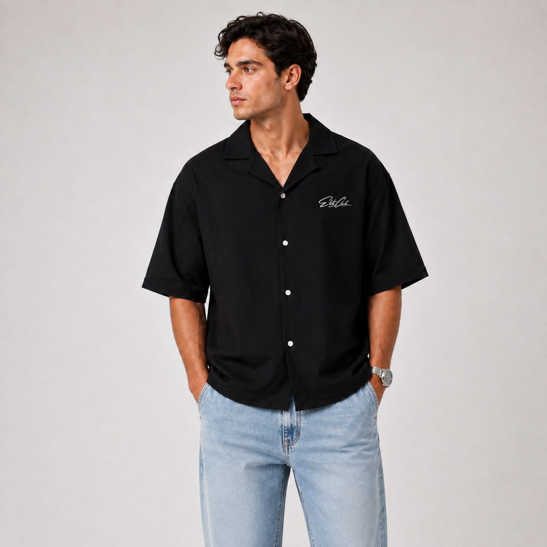 schwarzes Baumwolle Oversize Hemd Boxy it front Ansicht