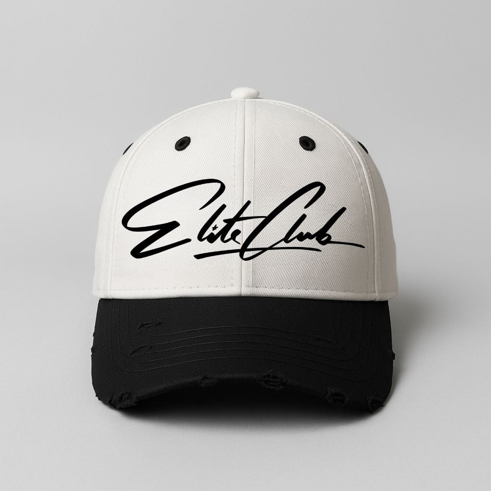 Zweifarbige Cap mit weißem Oberteil und schwarzem Schirm, schwarzem Elite Club Sticklogo, Distressed-Details am Schirm