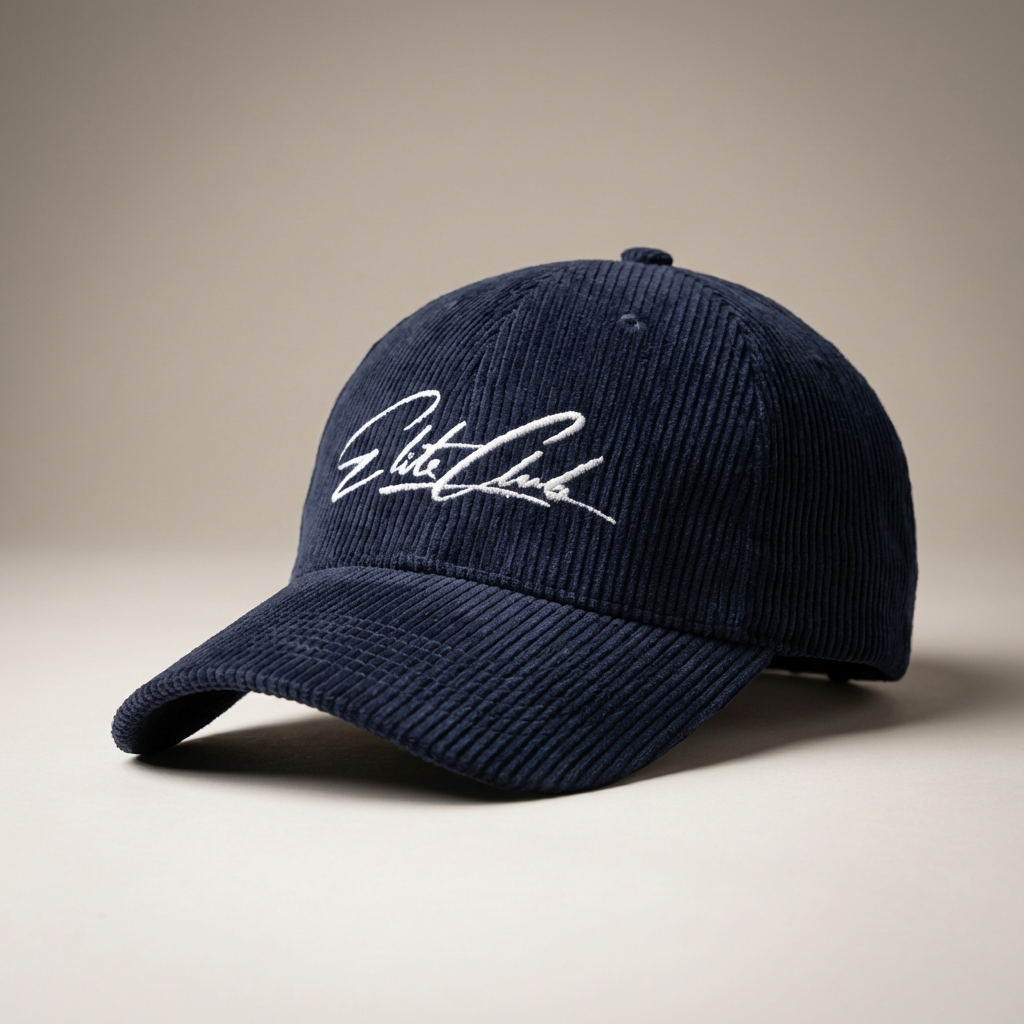 Dunkelblaue Elite Club Cord Basecap mit weißem Logo Stick, feine Cord Struktur, gebogener Schirm, cleanes Produktbild auf hellem Studio Hintergrund.