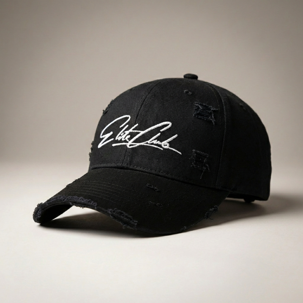 Elite Club Distressed Basecap weiß mit schwarzem Schirm und Sticklogo – freigestelltes Produktbild auf hellem Hintergrund