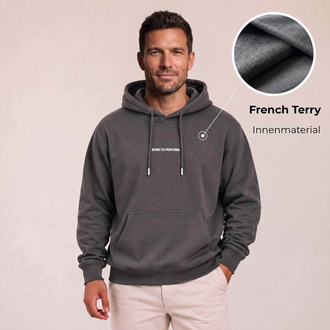 Heavy Oversize Hoodie Herren 100% Baumwolle Anthrazit BORN TO PERFORM – Frontalansicht Model