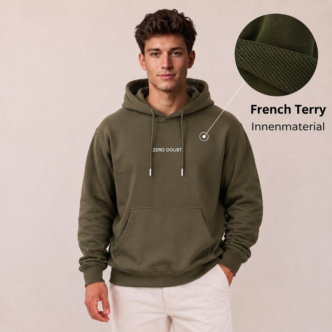Heavy Oversize Hoodie Herren 100% Baumwolle Olivgrün ZERO DOUBT – Frontalansicht Model