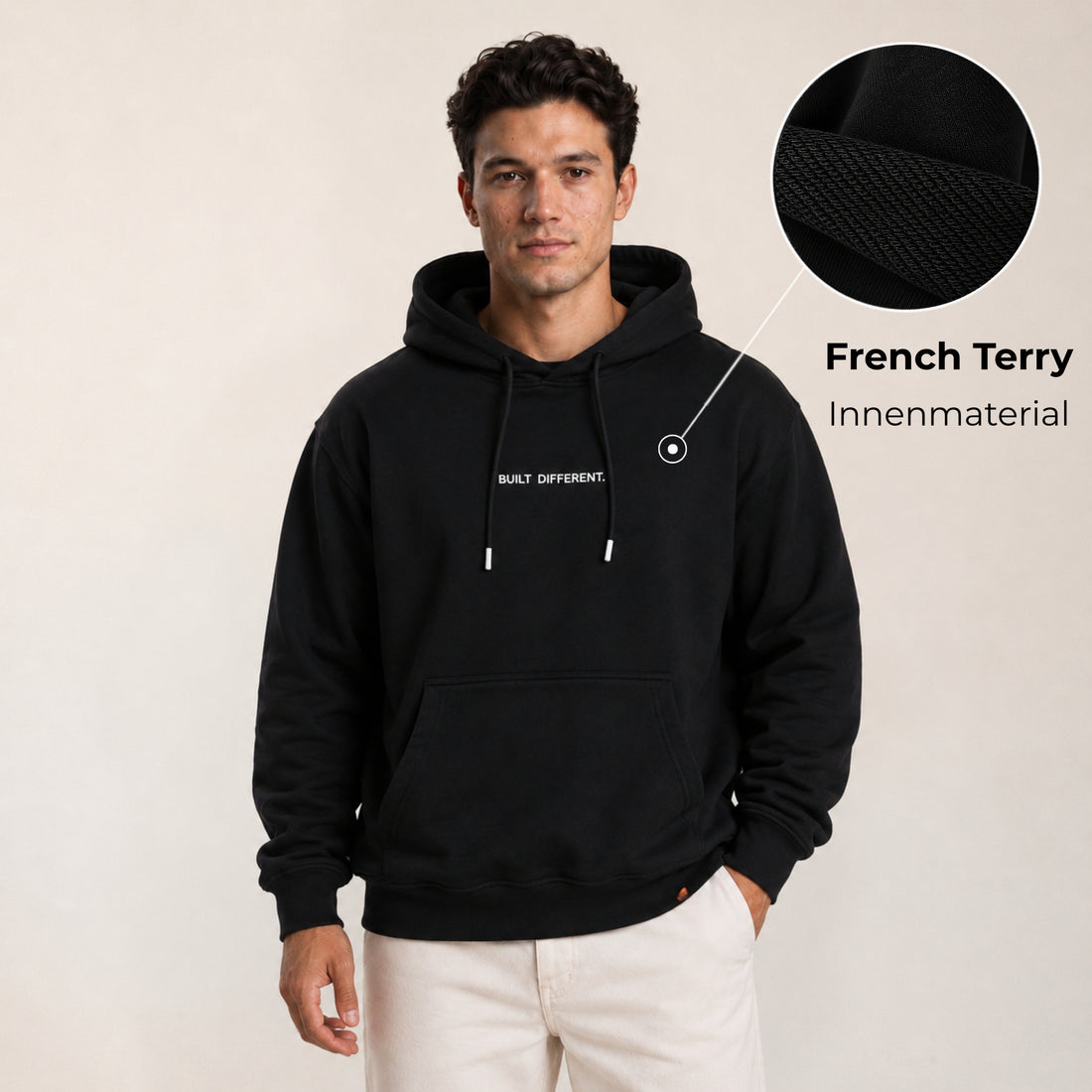 Heavy Oversize Hoodie Herren 100% Baumwolle Schwarz BUILT DIFFERENT – Frontalansicht Model