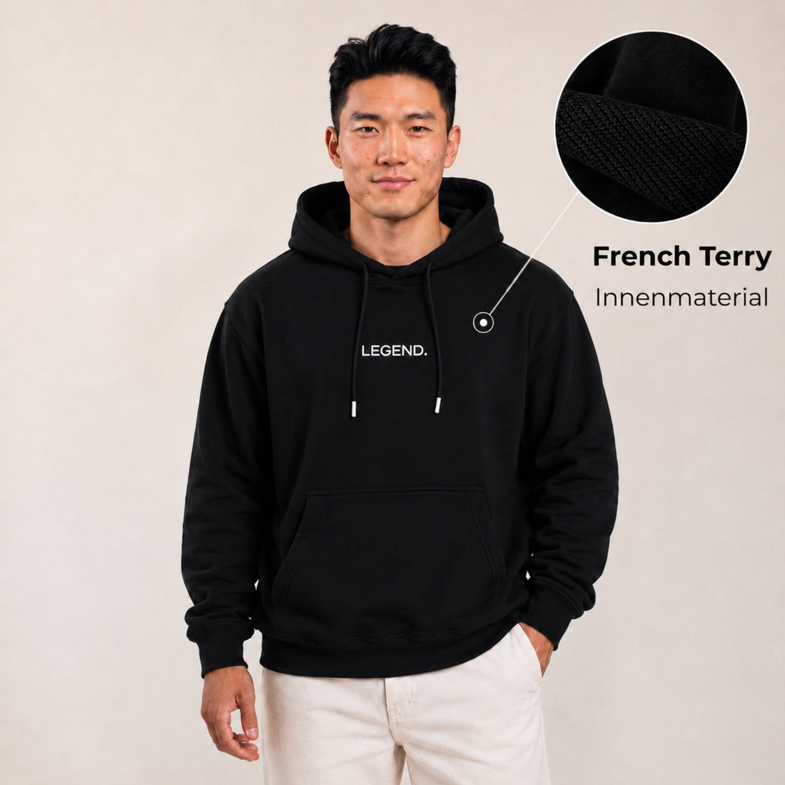Heavy Oversize Hoodie Herren 100% Baumwolle Schwarz LEGEND – Frontalansicht Model