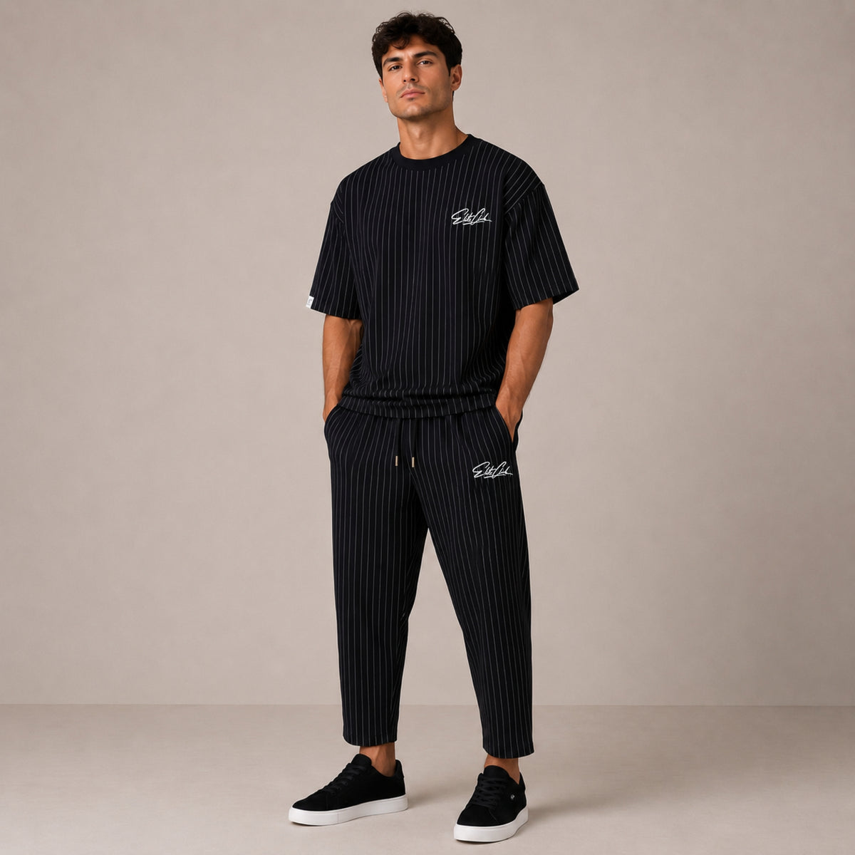 Oversize Nadelstreifen Set Herren Pinstripe Schwarz – Ansicht 2