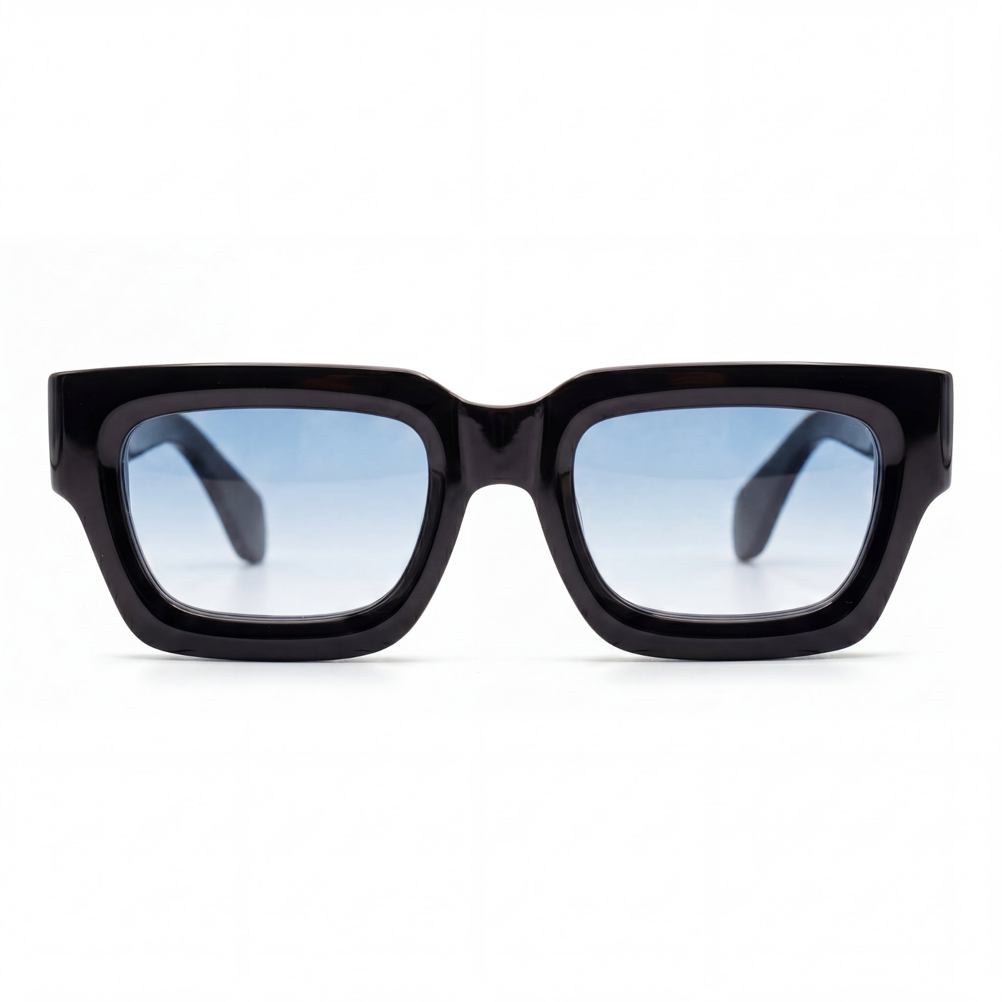 Sonnenbrille Herren mit blauen Verlaufsgläsern und glänzendem schwarzem Rahmen, Frontansicht
