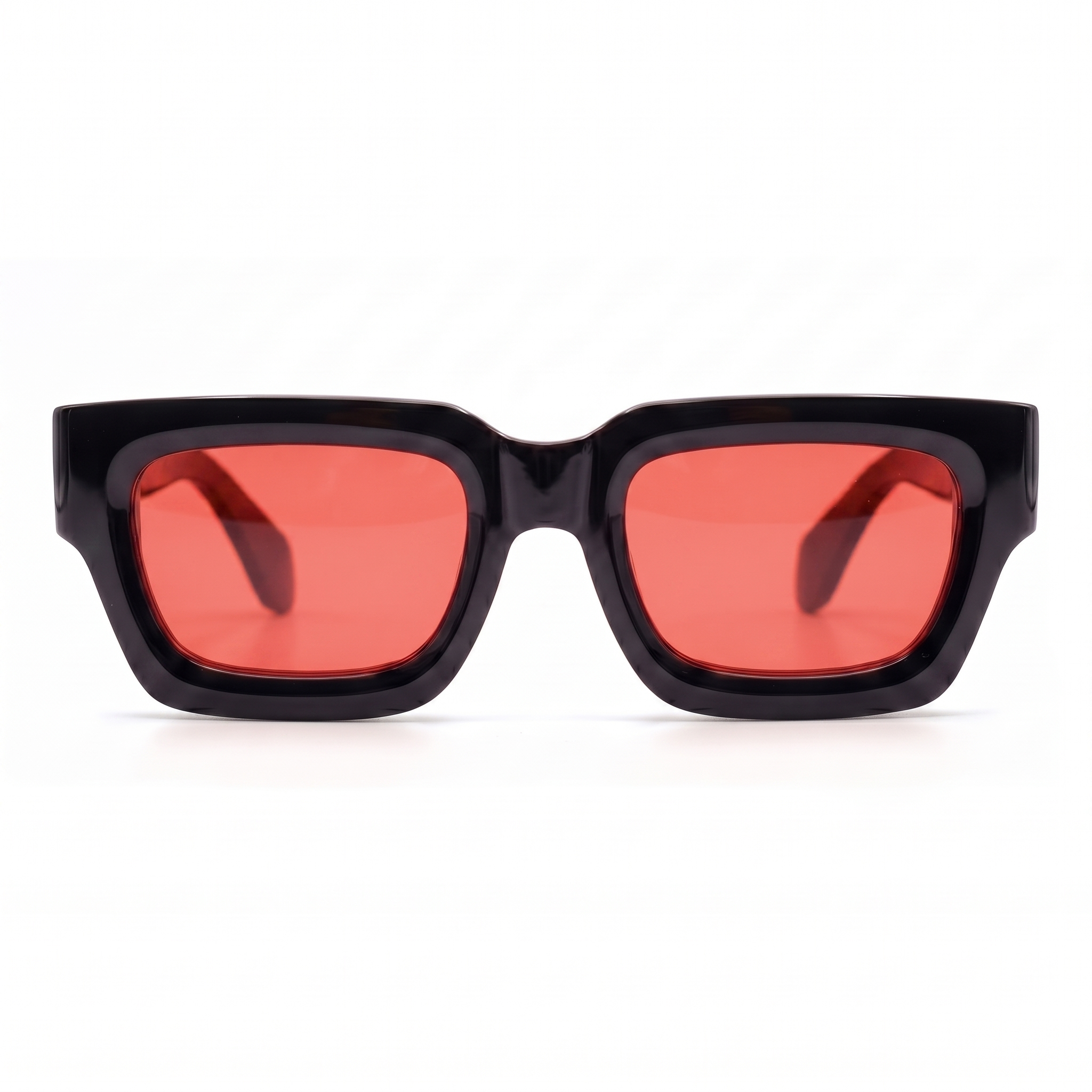 Sonnenbrille Herren mit roten Gläsern und glänzendem schwarzem Rahmen, Frontansicht