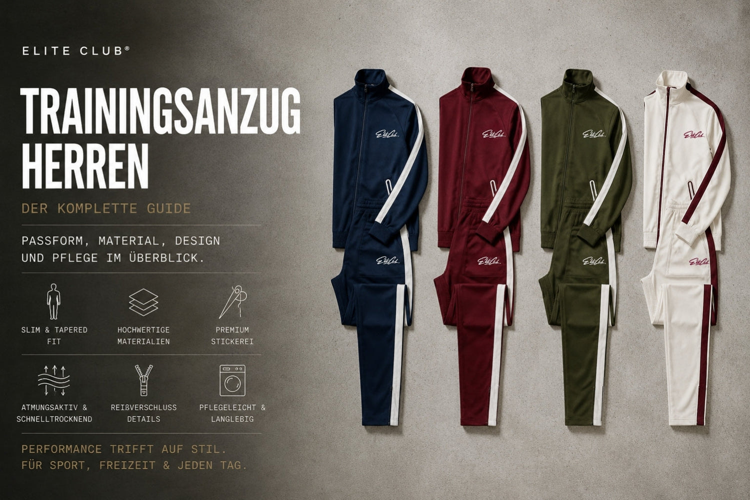 Trainingsanzug Herren Slim Fit in vier Farben mit weißen Seitenstreifen und Tapered Bein