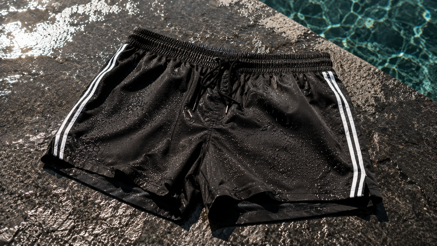 Schwarze Badehose für Herren mit weißen Seitenstreifen auf nassem Stein am Pool