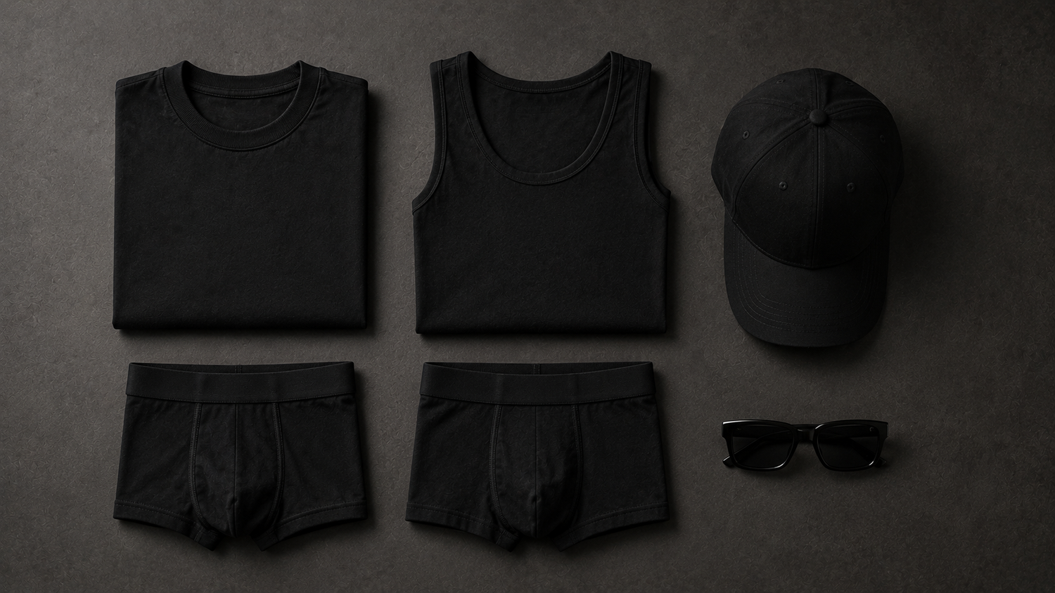 Herren Basics im Flatlay, T-Shirt, Tanktop, Boxershorts, Cap und Sonnenbrille