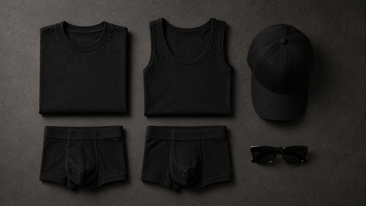 Herren Basics im Flatlay, T-Shirt, Tanktop, Boxershorts, Cap und Sonnenbrille