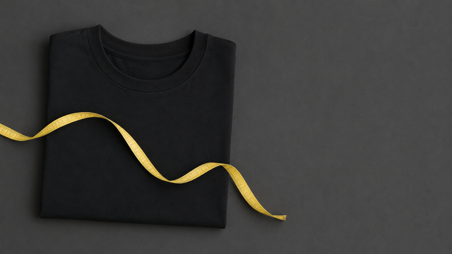 Maßband auf gefaltetem schwarzen T-Shirt, Größe messen bei Herren Oversize Schnitten
