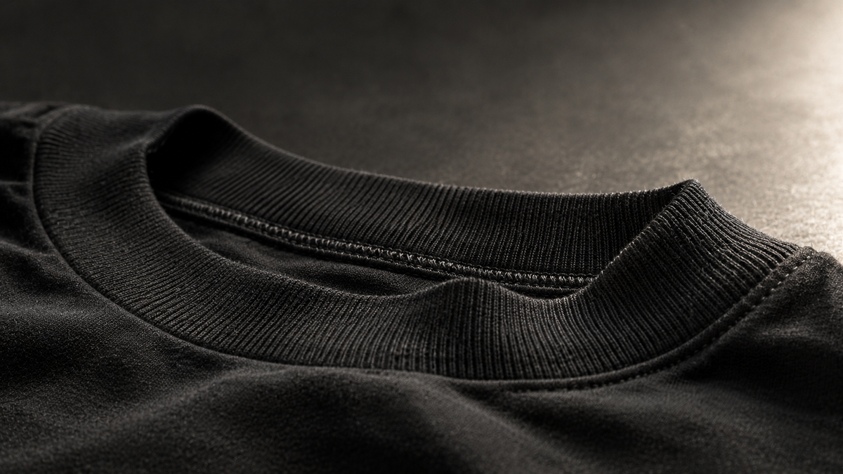 Nahaufnahme eines Rippkragens am schwarzen T-Shirt, Formstabilität und Verarbeitung