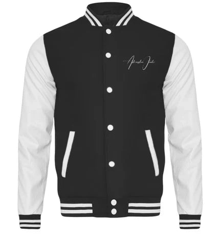 Stylische schwarz weiß college jacke veredelt mit einem einzigartigen signature design