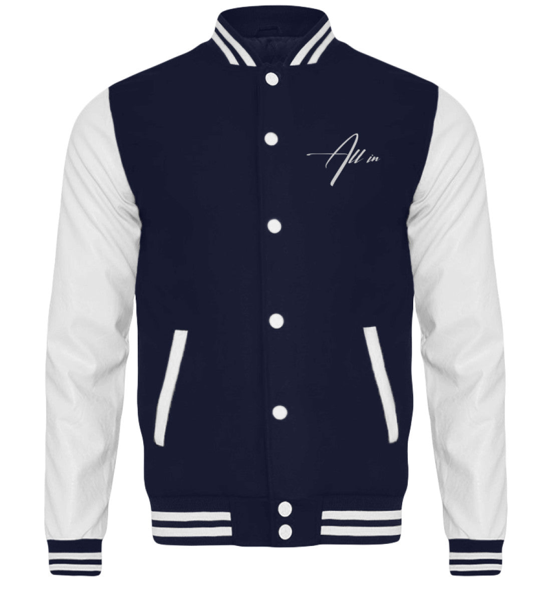 Dunkelblaue Herren College Jacke stylisch und bequem veredelt mit einem Kalligraphie Design 