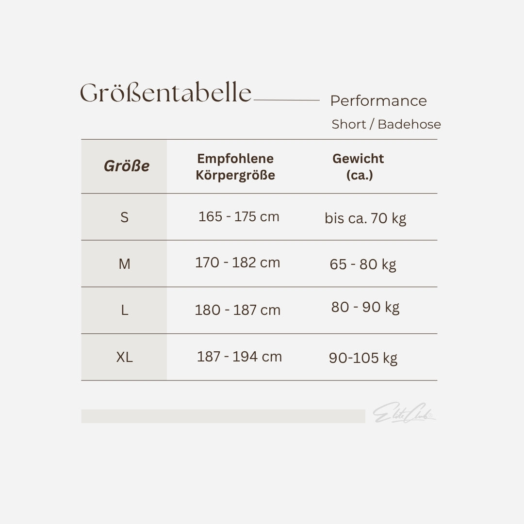 Badehose Herren Schwarz, Größentabelle mit empfohlener Körpergröße