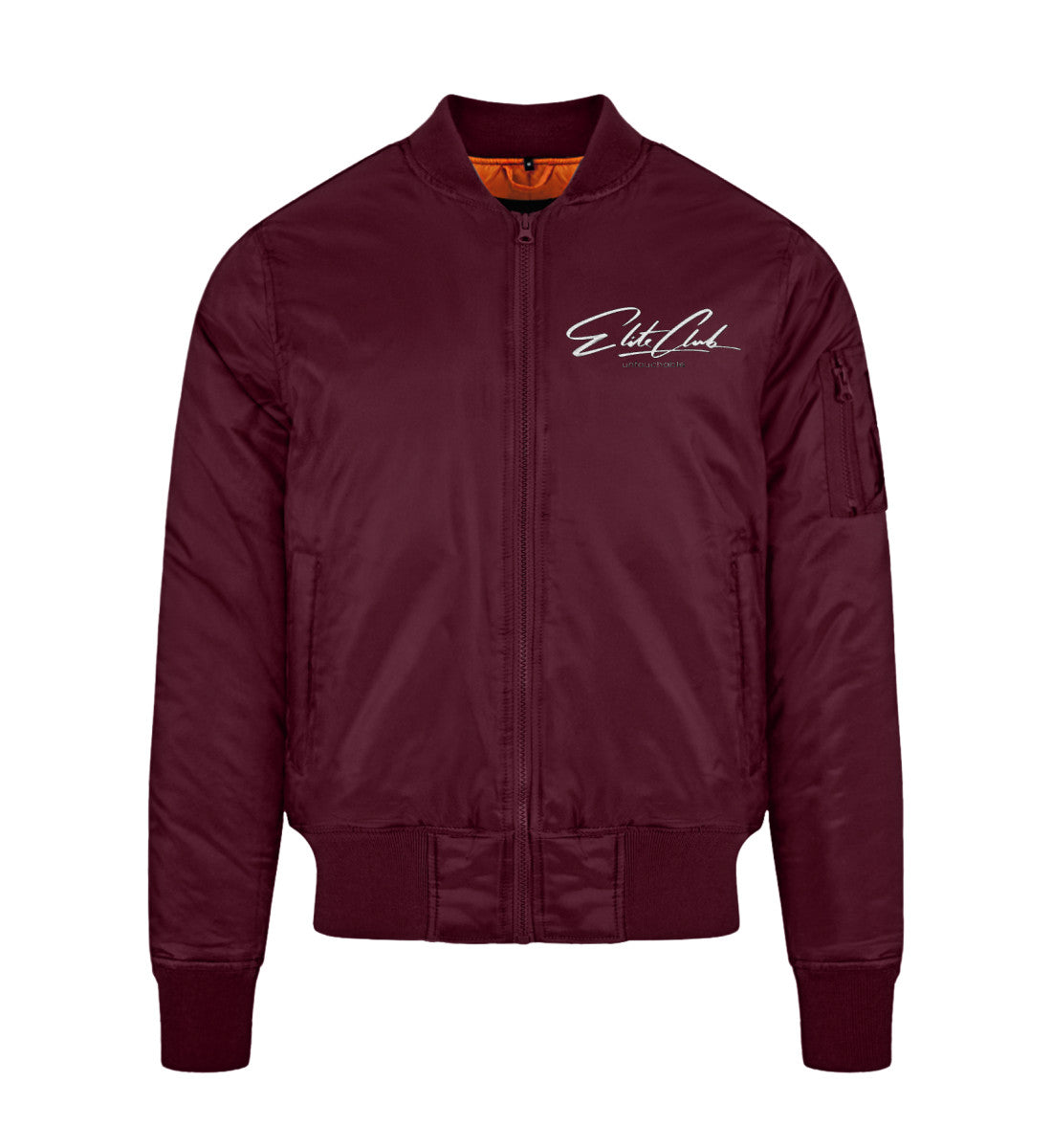 Burgundy Bomberjacke stylisch und bequem veredelt mit einem Elite Club Kalligraphie Design 