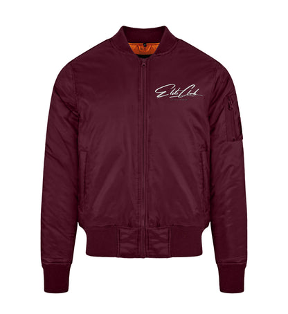 Burgundy Bomberjacke stylisch und bequem veredelt mit einem Elite Club Kalligraphie Design 