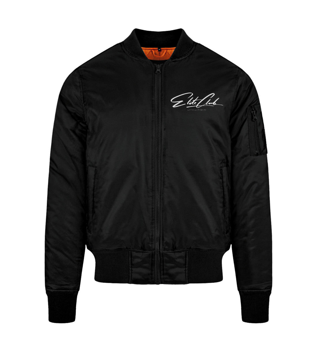 Schwarz Herren Bomberjacke stylisch und bequem veredelt mit einem Elite Club Kalligraphie Design 