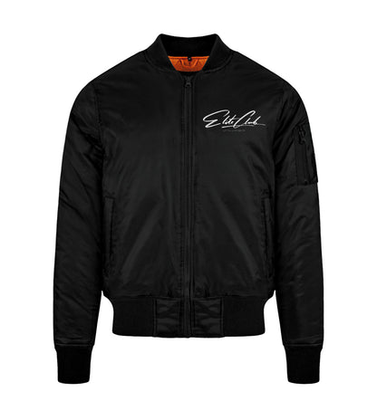 Schwarz Herren Bomberjacke stylisch und bequem veredelt mit einem Elite Club Kalligraphie Design 