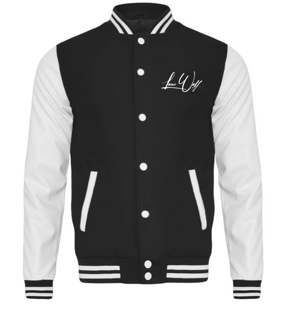 Schwarz-weiß Herren College Jacke stylisch und bequem veredelt mit einem Lone Wolf Kalligraphie Design 