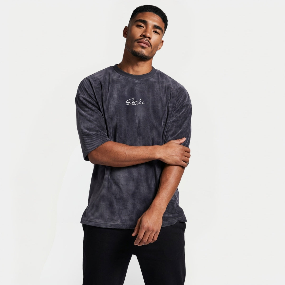 Cord Oversize T-Shirt Herren in Anthrazit mit Elite Club Logo – Oversize Fit