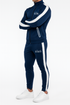 Blauer Elite Club® Performance Trainingsanzug für Herren mit weißen Kontraststreifen, gefertigt aus 90 % Polyester und 10 % Elasthan – atmungsaktiv, elastisch und ideal für Sport, Freizeit und Alltag.