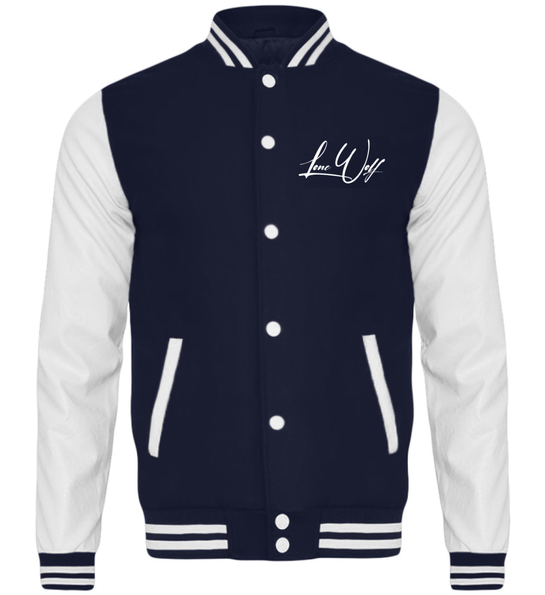 Dunkelblaue Herren College Jacke stylisch und bequem veredelt mit einem Lone Wolf Kalligraphie Design 