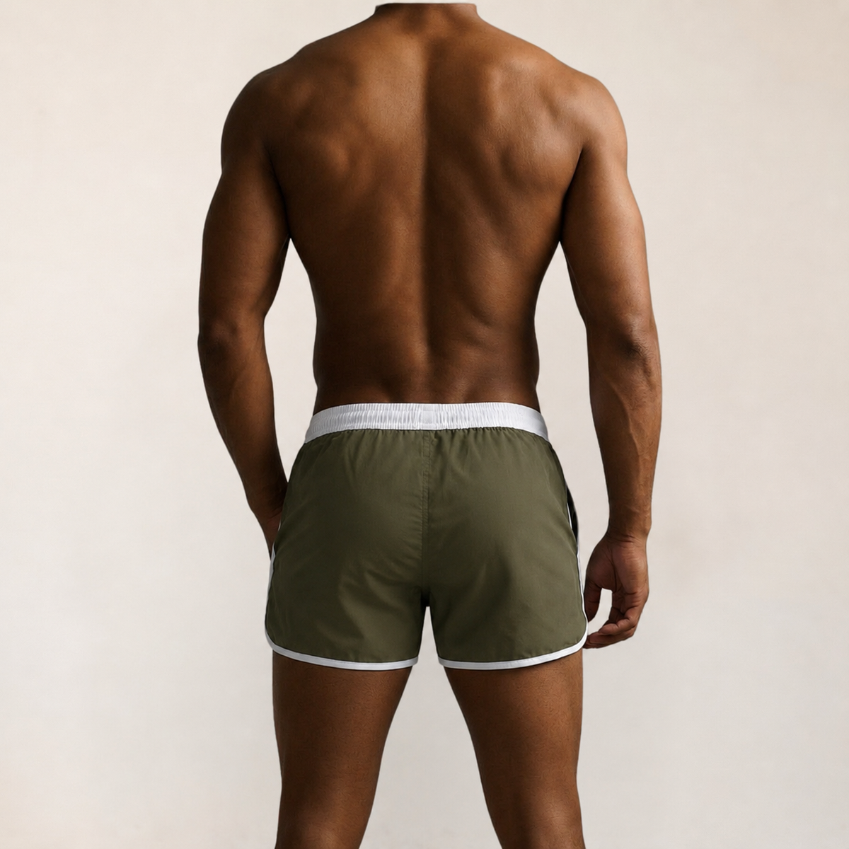Badehose Herren Olivgrün mit weißen Seitenstreifen, Ansicht 4
