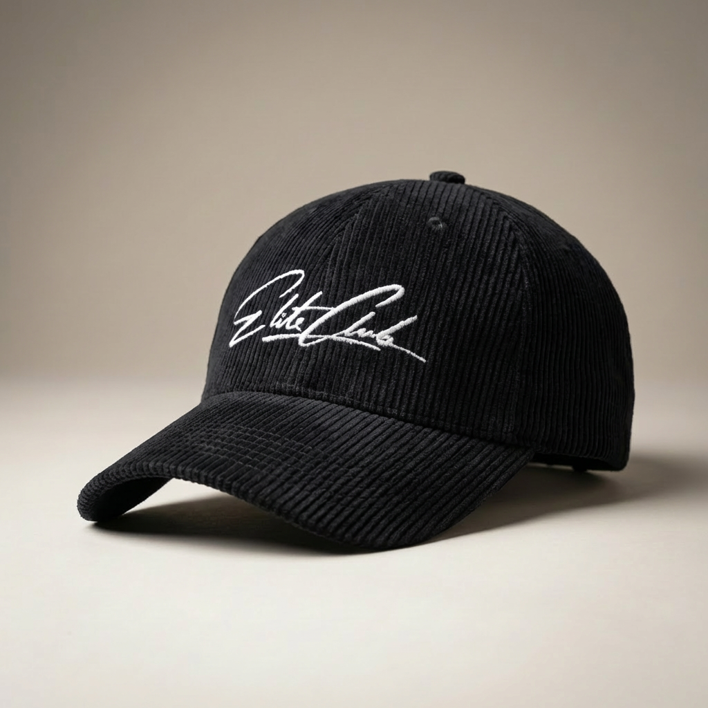 Schwarze Elite Club Cord Basecap mit weißem Logo Stick, strukturierte Cord Oberfläche, gebogener Schirm, Produktaufnahme vor neutralem Hintergrund.