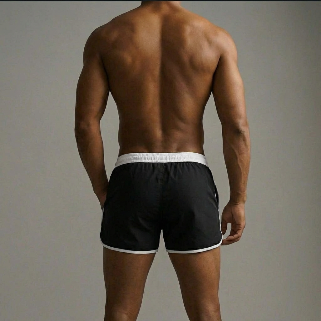 Elite Club Herren Badehose schwarz Rückansicht mit weißem Bund, sportlicher Slim Fit, minimalistisch, Studiohintergrund