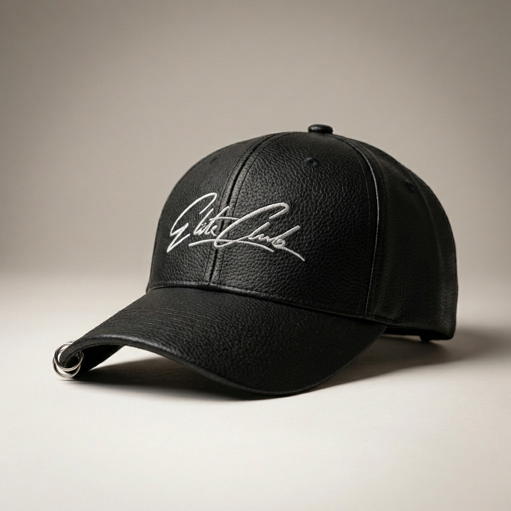 Schwarze Elite Club Leder-Cap mit weißem Sticklogo auf strukturiertem Leder, frontale Produktaufnahme im Studio mit weichem Licht und neutralem Hintergrund.