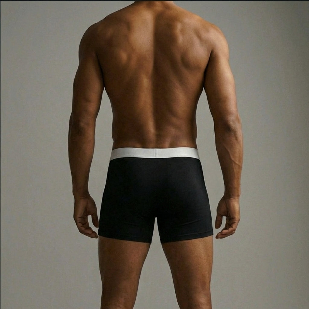 Athletisches Model trägt schwarze Elite Club Performance Boxershorts, Rückansicht im Studio vor neutralem grauem Hintergrund.