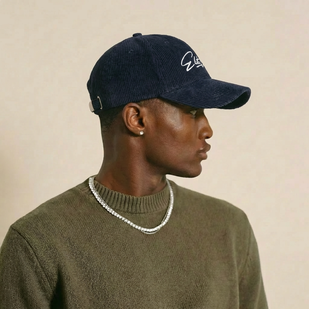 Dunkelblaue Elite Club Cord Basecap mit weißem Logo Stick, feine Cord Struktur, gebogener Schirm, cleanes Produktbild auf hellem Studio Hintergrund.