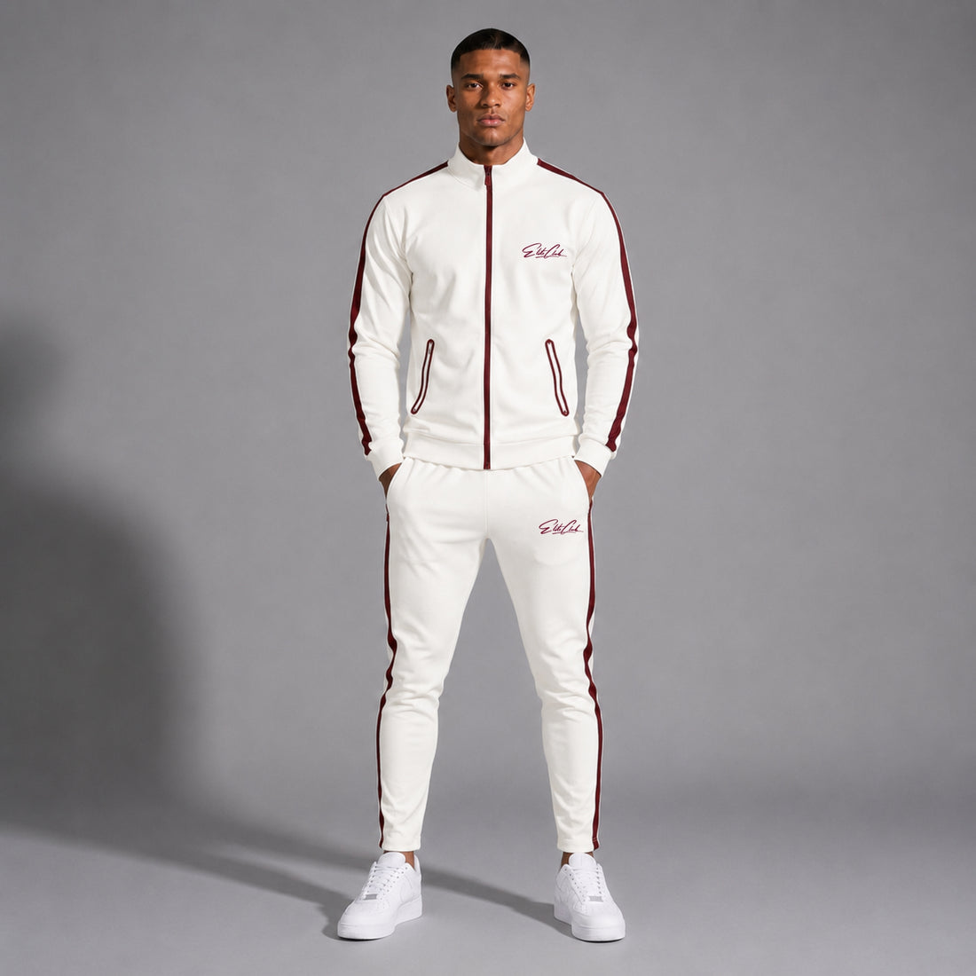 Trainingsanzug Herren Off-White mit Burgundy Seitenstreifen | Slim Fit