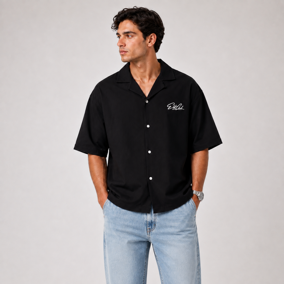 Oversize Hemd Herren Boxy Fit Schwarz 100% Baumwolle, Frontansicht