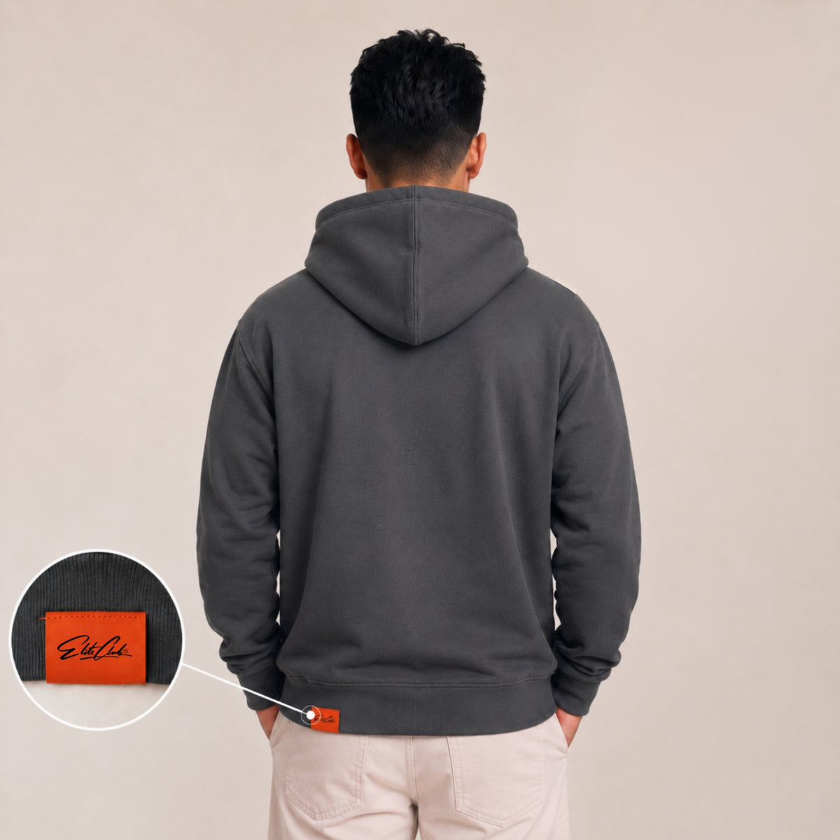 Heavy Oversize Hoodie Herren 100% Baumwolle Anthrazit WINNER DNA – Rückansicht mit gewebtem orangem Elite Club Label am Bund