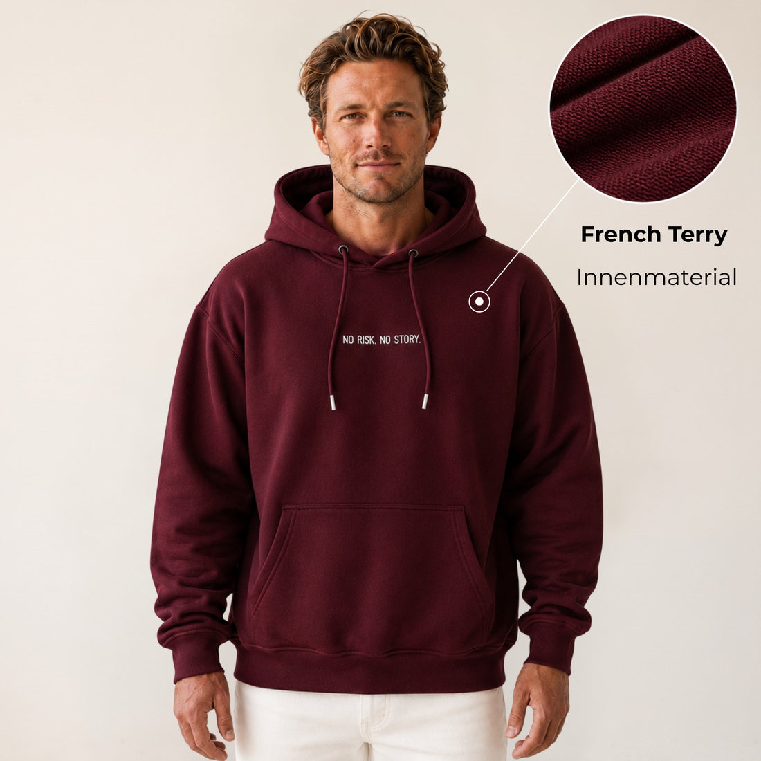 Heavy Oversize Hoodie Herren 100% Baumwolle Burgundy NO RISK NO STORY – Frontalansicht Model
