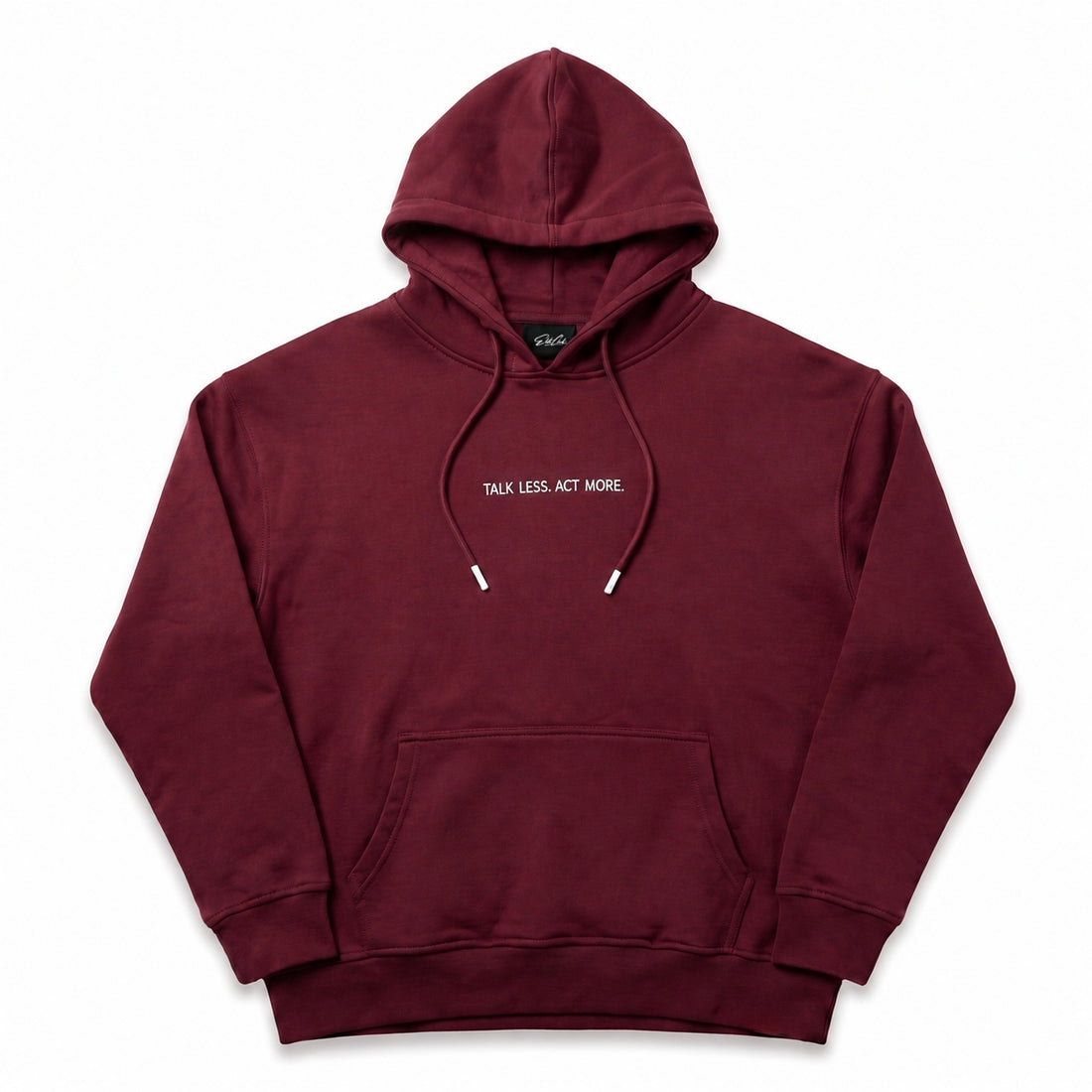 Heavy Oversize Hoodie Herren 100% Baumwolle Burgundy TALK LESS ACT MORE – Produktfoto freigestellt vor weißem Hintergrund