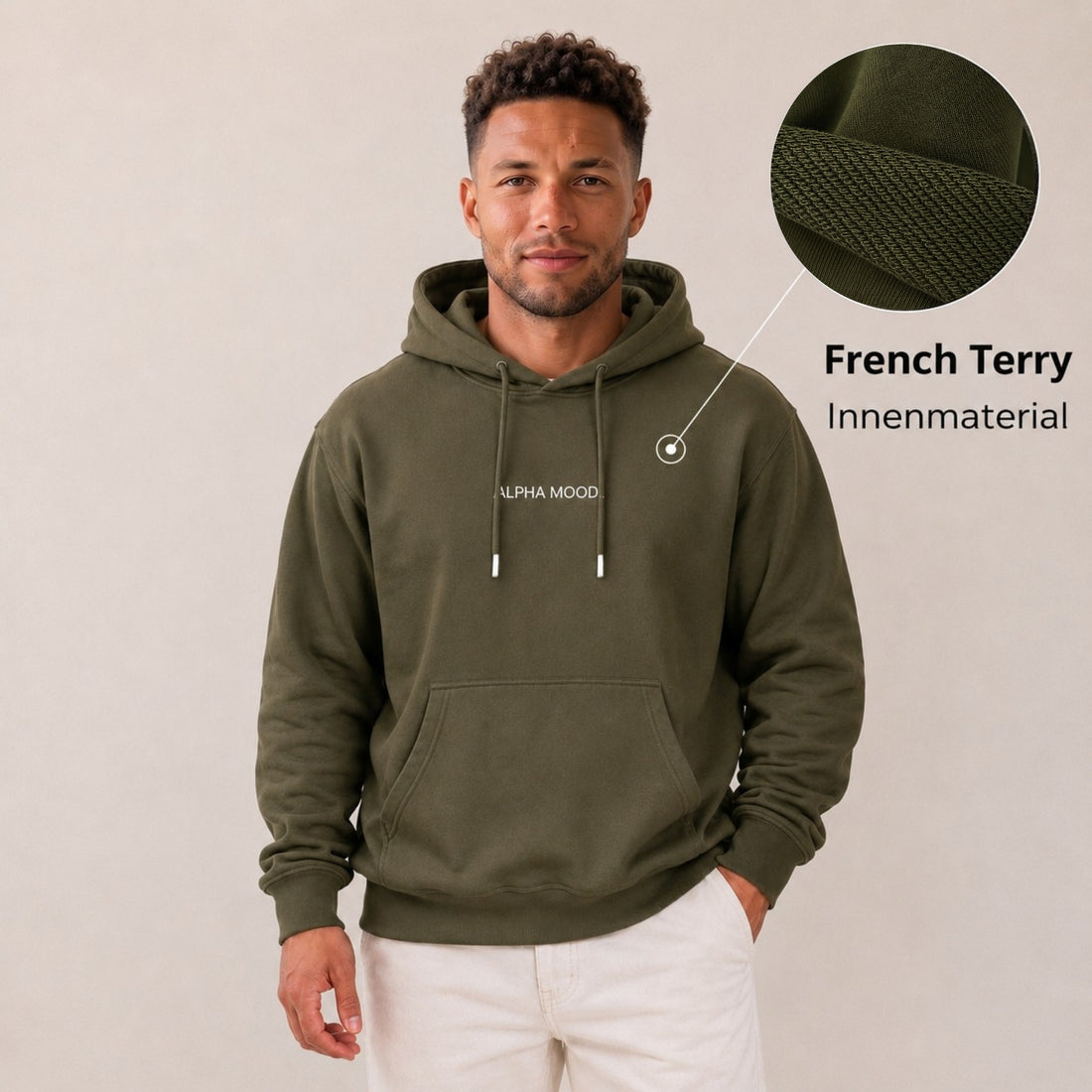 Heavy Oversize Hoodie Herren 100% Baumwolle Olivgrün ALPHA MOOD – Frontalansicht Model