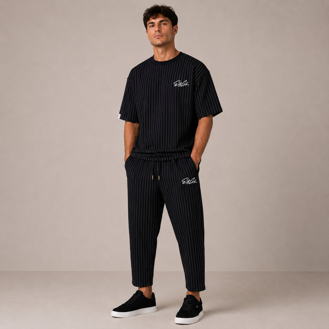 Oversize Nadelstreifen Set Herren Pinstripe Schwarz – Ansicht 2