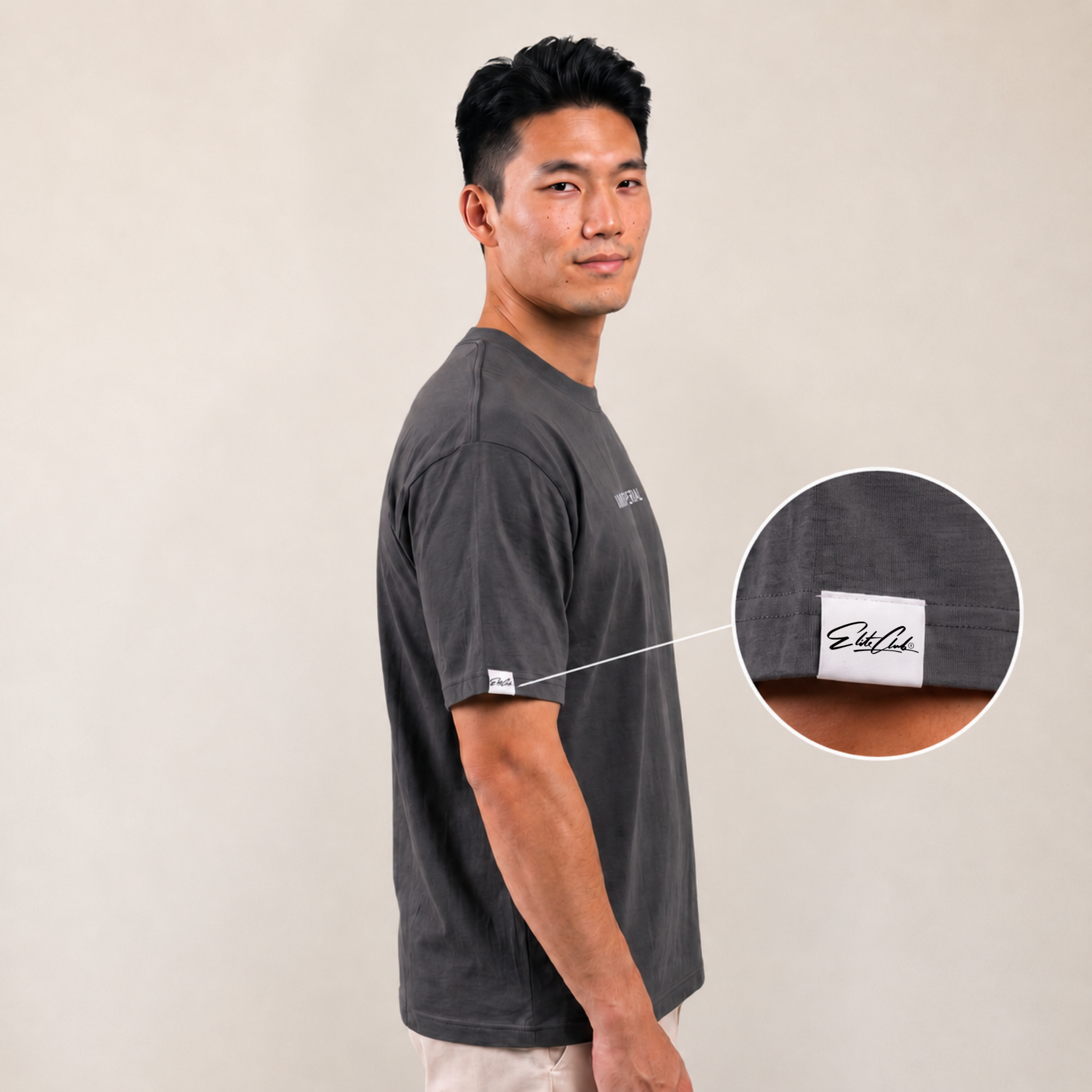 Heavy Oversize T-Shirt Herren 100% Baumwolle Anthrazit WINNER DNA – Seitenansicht mit Elite Club Ärmel-Label