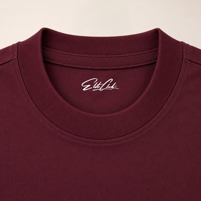 Heavy Oversize T-Shirt Herren 100% Baumwolle Burgundy NO RISK NO STORY – Nahaufnahme verstärkter Rundhalsausschnitt