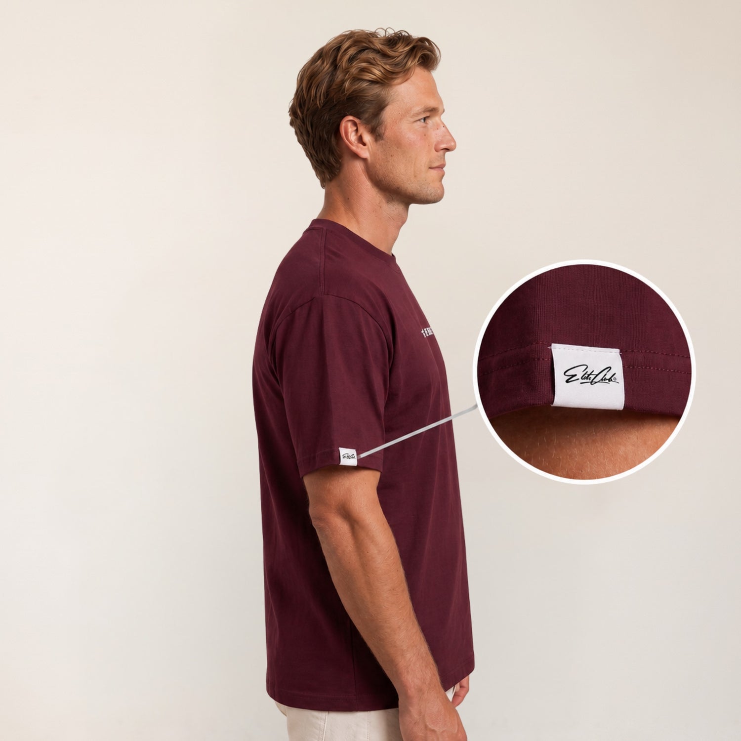 Heavy Oversize T-Shirt Herren 100% Baumwolle Burgundy TALK LESS ACT MORE – Seitenansicht mit Elite Club Ärmel-Label