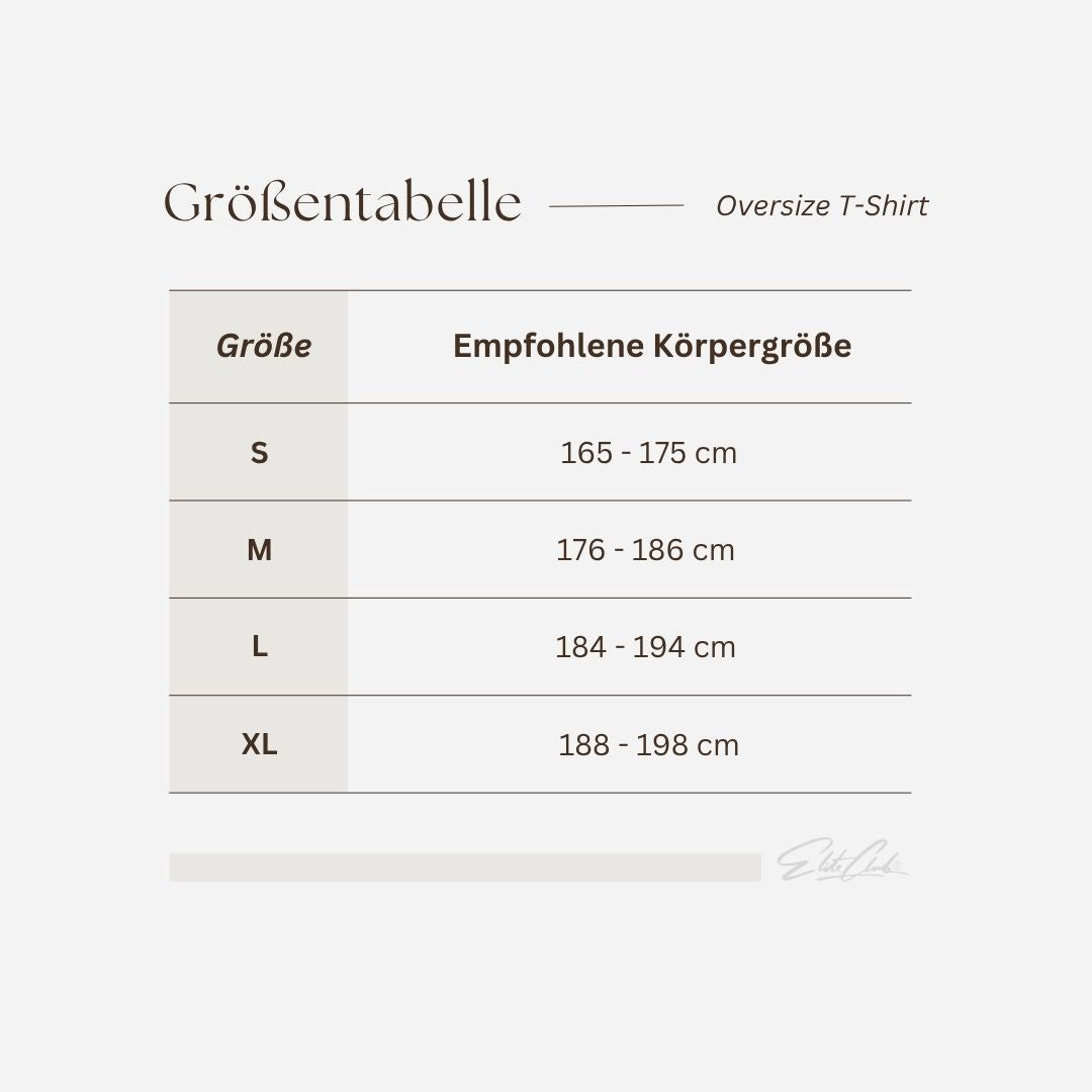 Heavy Oversize T-Shirt Herren 100% Baumwolle von Elite Club ®, Größentabelle mit empfohlener Körpergröße