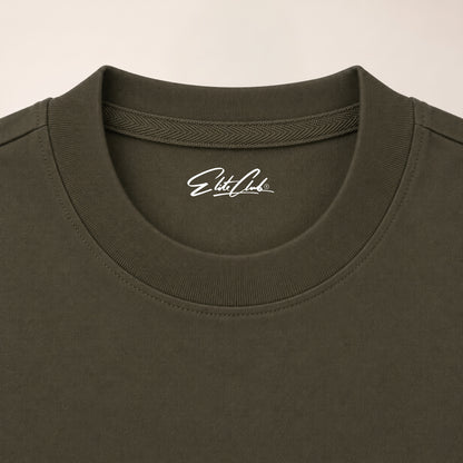 Heavy Oversize T-Shirt Herren 100% Baumwolle Olivgrün ALPHA MOOD – Nahaufnahme verstärkter Rundhalsausschnitt