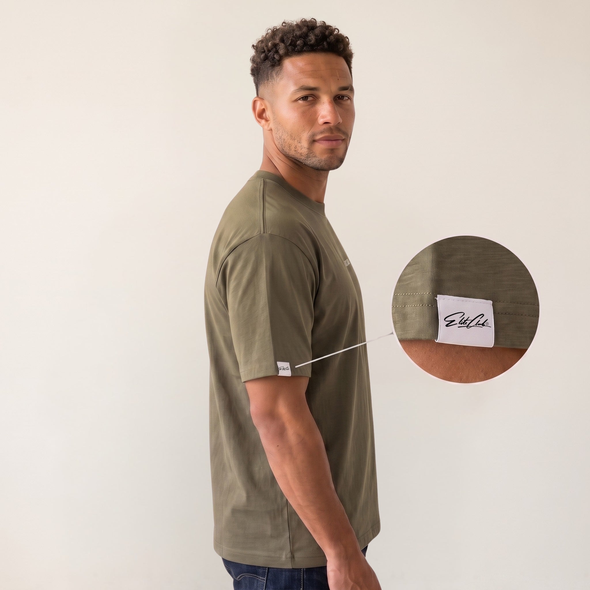 Heavy Oversize T-Shirt Herren 100% Baumwolle Olivgrün ALPHA MOOD – Seitenansicht mit Elite Club Ärmel-Label